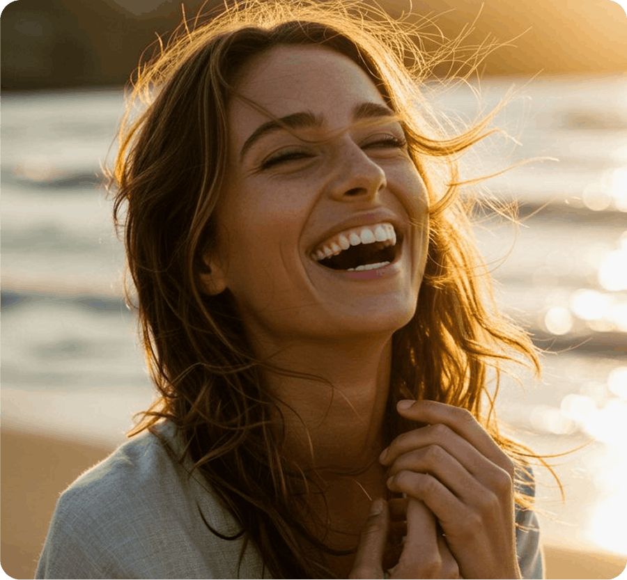 Woman smiling confidently representing safety, empowerment, and trust in online dating